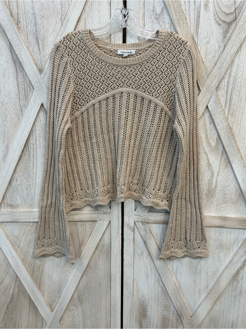 Hooked Up by IOT Beige Open-Knit Crewneck Sweater